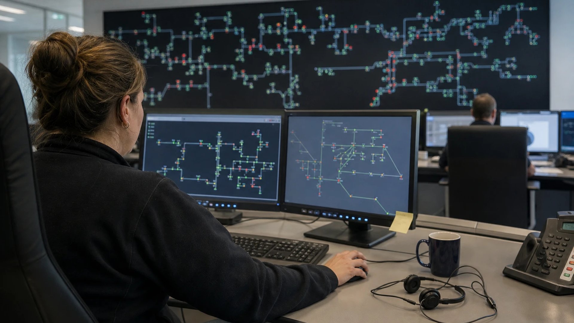 Netzleitstelle eines Verteilnetzbetreibers, eine Operatorin an der Schaltwarte vor Netzschemata und einer großen Übersichtstafel