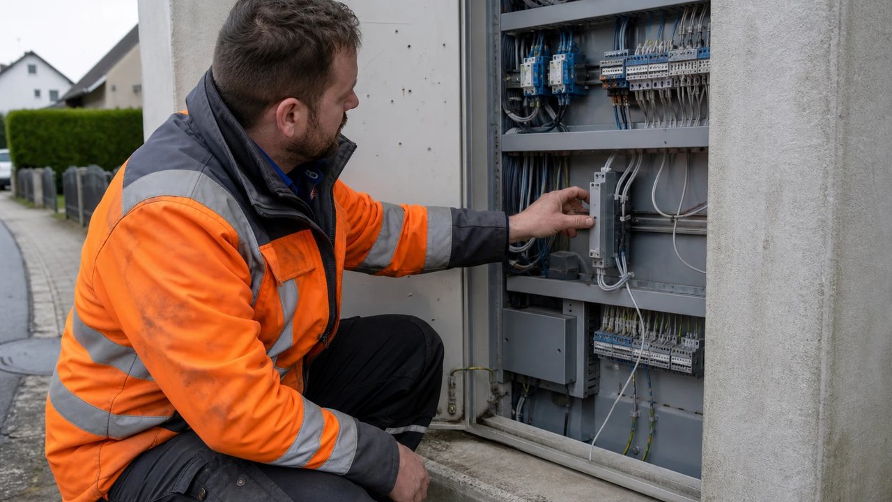 Techniker an einer offenen digitalen Ortsnetzstation prüft eine Messeinheit auf der Hutschiene im Niederspannungsverteiler