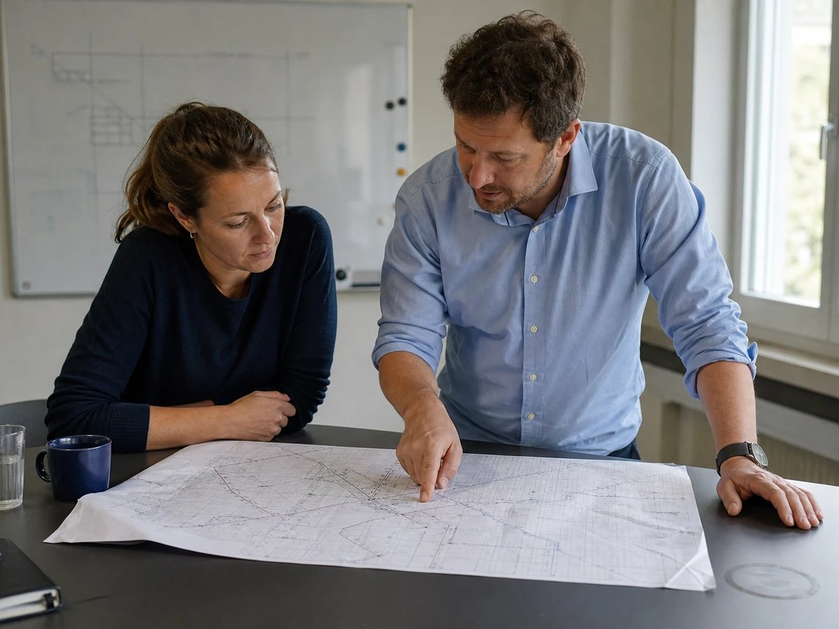 Zwei Planerinnen und Planer eines Stadtwerks beugen sich über eine gedruckte Netzkarte und besprechen die Zielarchitektur