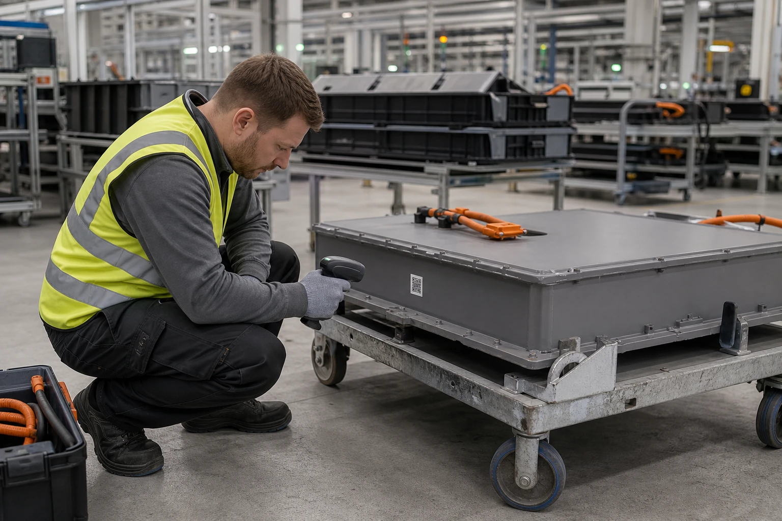Qualitätsprüfer in Warnweste kniet neben einem grauen EV-Batteriepack auf einem Rollwagen und hält ein Handgerät an ein QR-Etikett an der Ecke des Gehäuses, im Hintergrund eine Batterie-Fertigungslinie