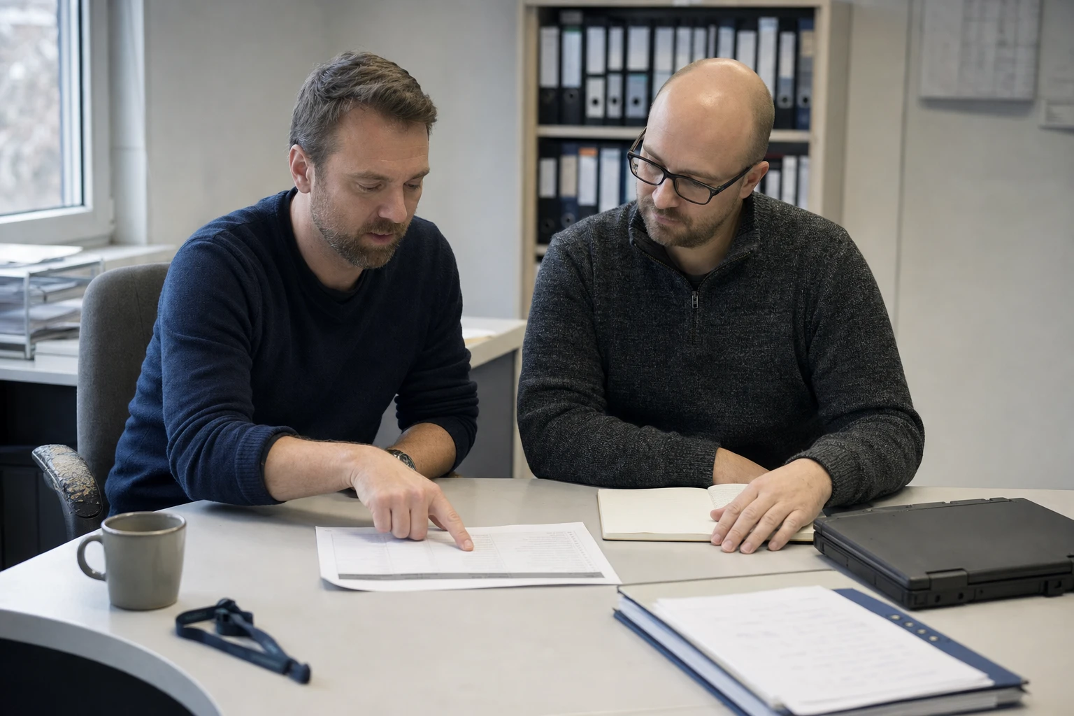 Zwei Compliance-Ingenieure sitzen an einem Bürotisch und besprechen eine ausgedruckte Lieferketten-Checkliste, deren Zeilen zu den beiden Personen hin lesbar orientiert sind, daneben ein geschlossener Laptop und ein Ordner mit Ausdrucken