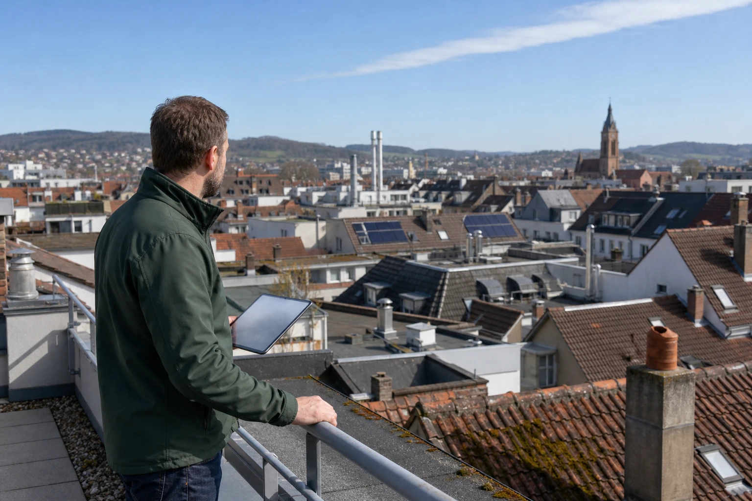 Eine Planerin blickt von einer Dachterrasse über die Dächer einer deutschen Stadt mit Solaranlagen, Schornsteinen und Kirchturm, ein Tablet in der Hand.