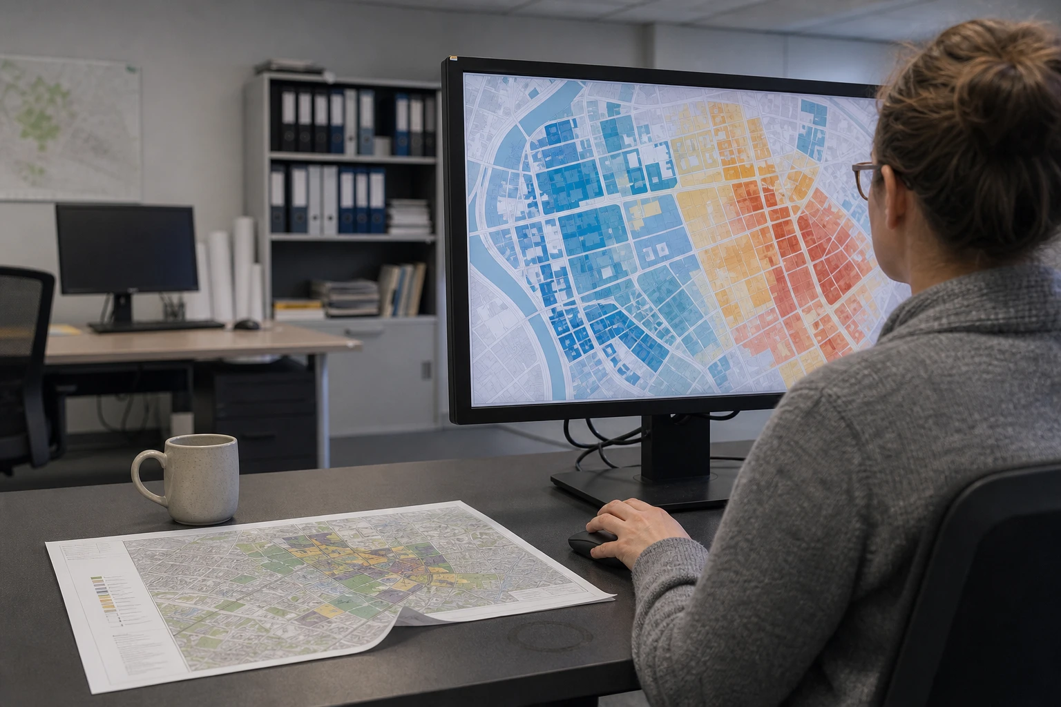 Eine GIS-Analystin betrachtet am Monitor eine georeferenzierte Wärmekarte einer Stadt mit blau bis rot eingefärbten Gebäudeblöcken, daneben eine Papierkarte.