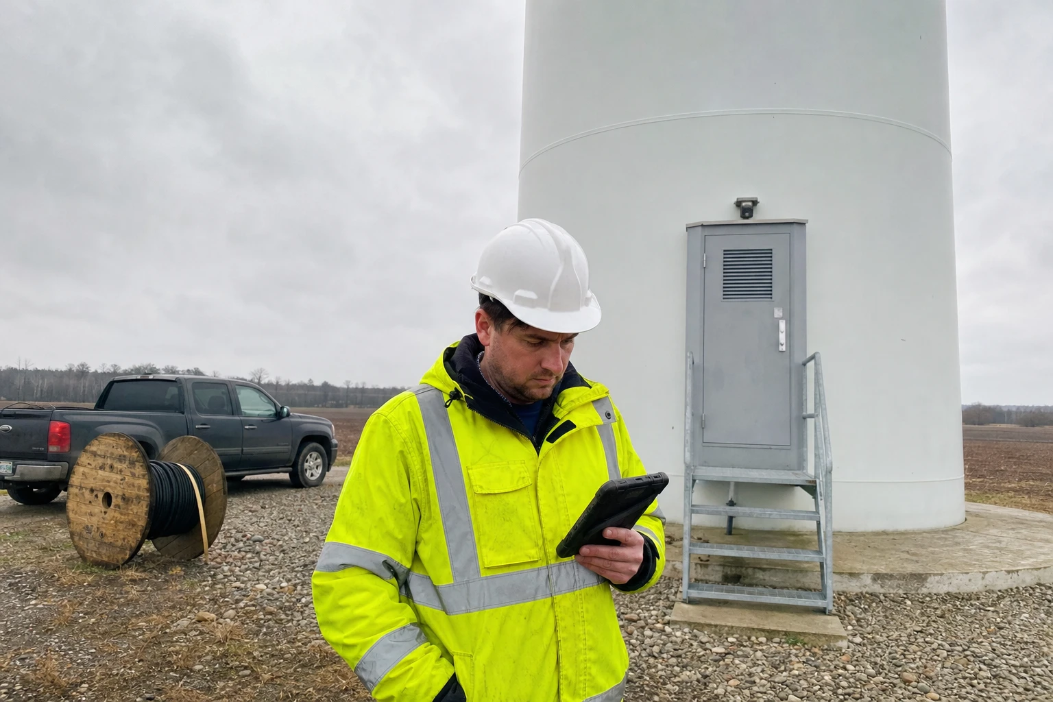 Asset-Manager am Fuß einer Windkraftanlage prüft den Anlagenbestand auf einem Tablet