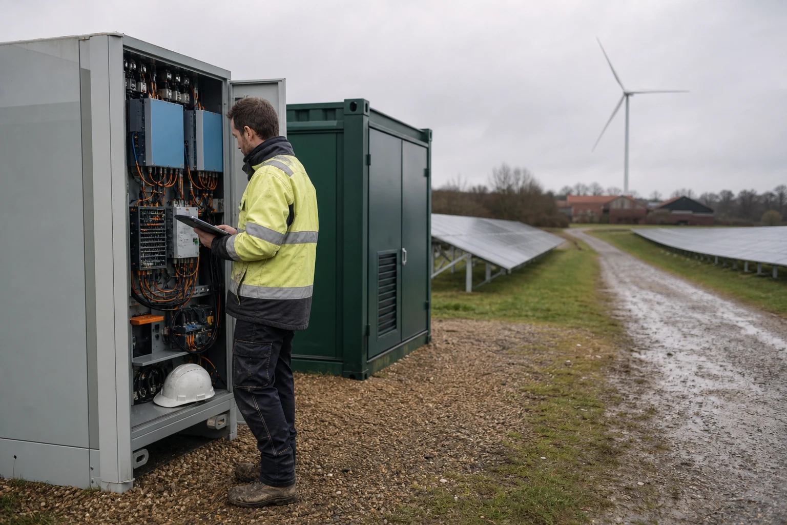 Techniker in Warnjacke prüft mit einem Tablet den offenen grauen Niederspannungs-Schaltschrank am Rand eines Solarparks, daneben ein Batteriecontainer und ein Windrad am Horizont