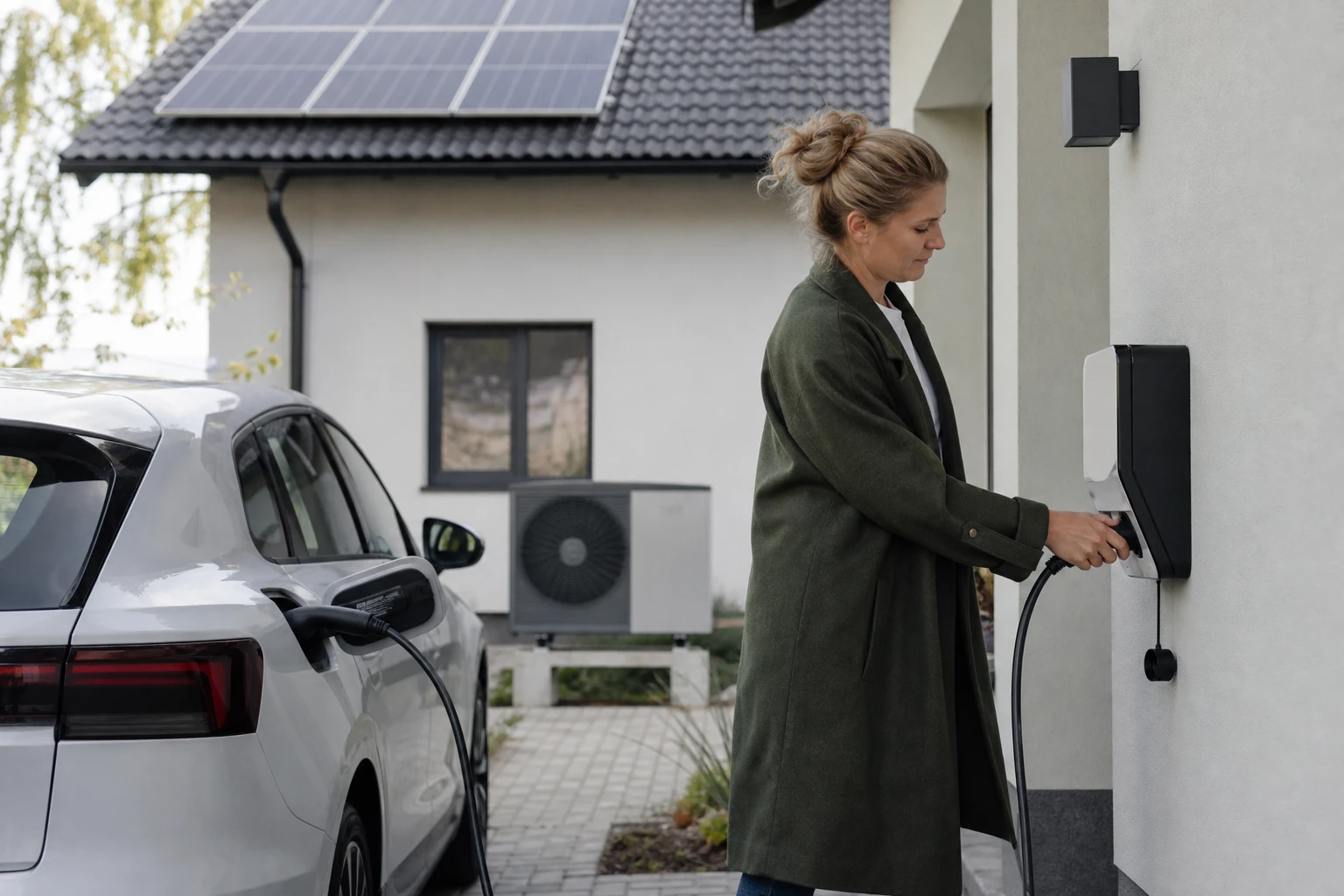 Elektroauto lädt an einer Wallbox vor einem Wohnhaus, daneben eine Wärmepumpen-Außeneinheit und Solarmodule auf dem Dach