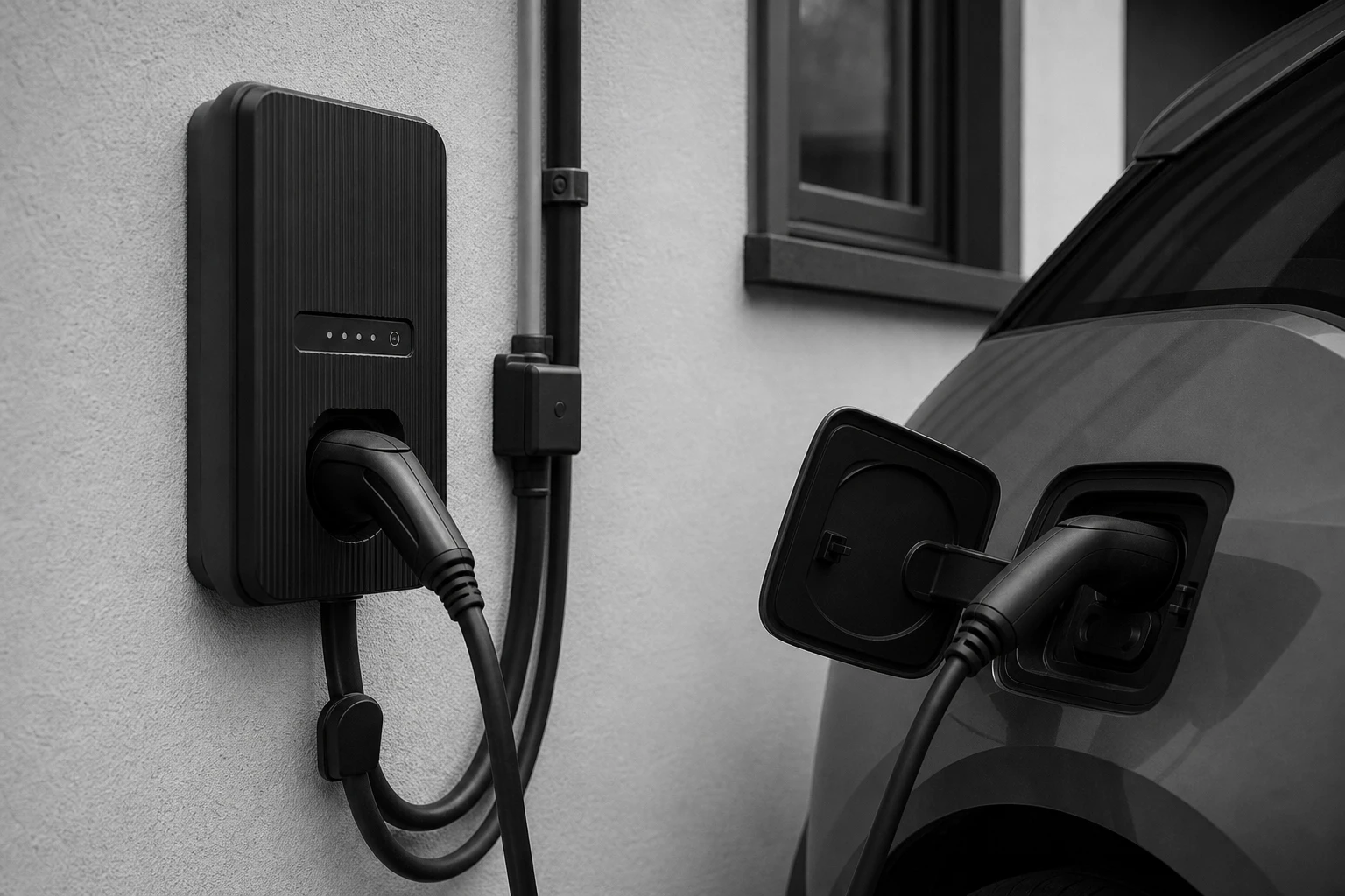 Detailaufnahme einer Wallbox mit eingestecktem Ladekabel und Statusanzeige an einem Elektroauto, Schwarzweiss
