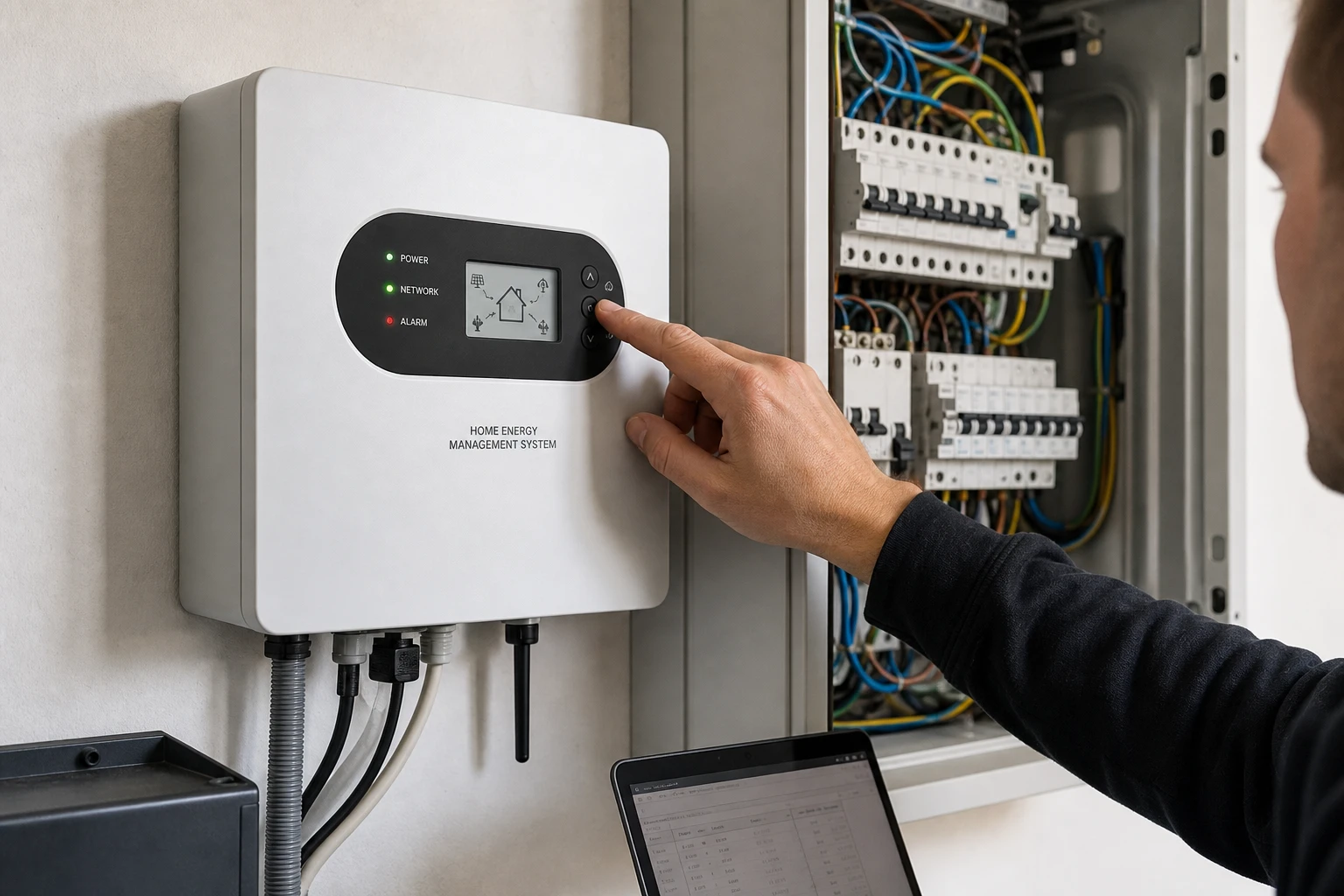 Wandmontiertes Energiemanagement-Gerät (HEMS) mit Display, eine Hand bedient es, daneben ein Sicherungskasten