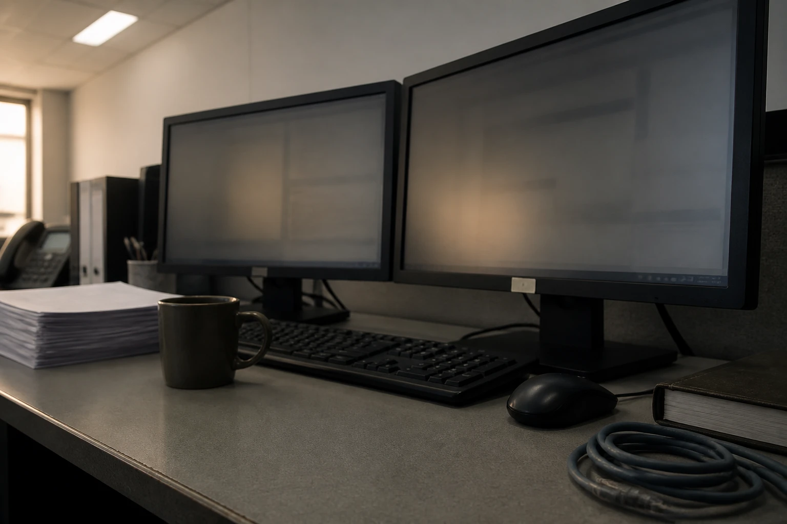 Arbeitsplatz in einem Backoffice der Energiewirtschaft mit zwei Monitoren, Tastatur, einem Stapel unbeschrifteter Ausdrucke, einer Kaffeetasse und einem Netzwerkkabel auf dem Schreibtisch