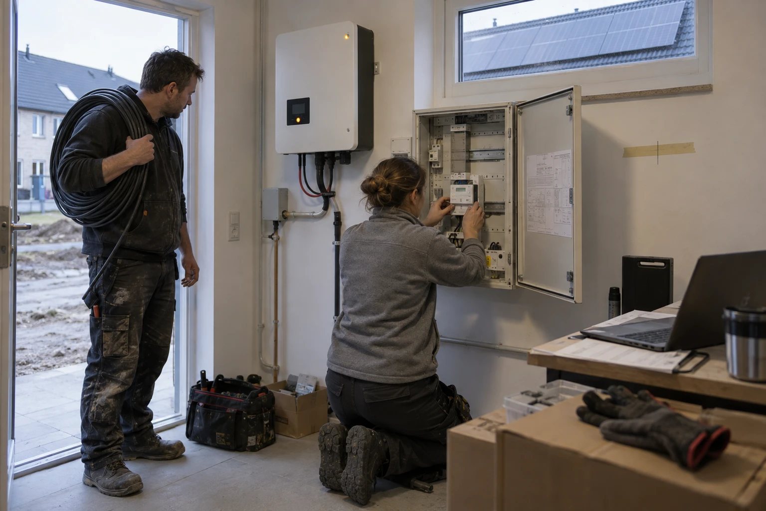 Messtechnikerin setzt ein Smart-Meter-Gateway in den Zählerschrank eines Neubaus, daneben der Wechselrichter einer neuen PV-Anlage