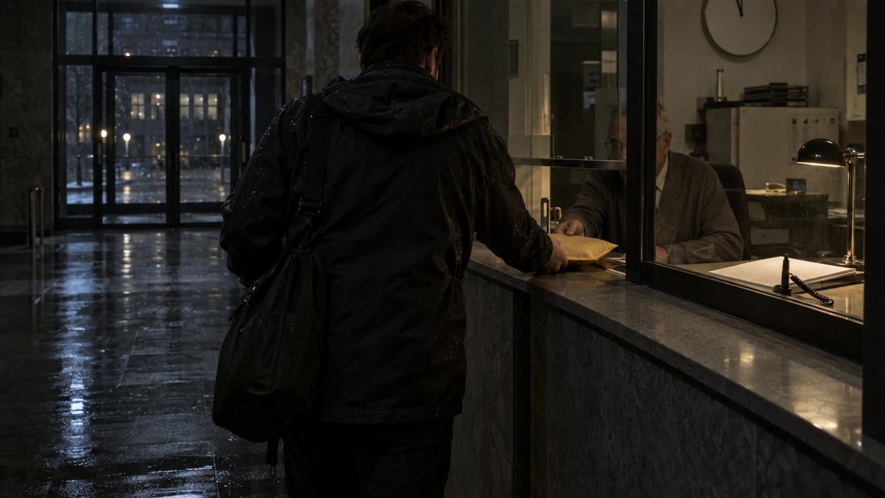 Kurier reicht kurz vor Mitternacht einen gepolsterten Umschlag an der Pforte eines Bonner Behördengebäudes durch