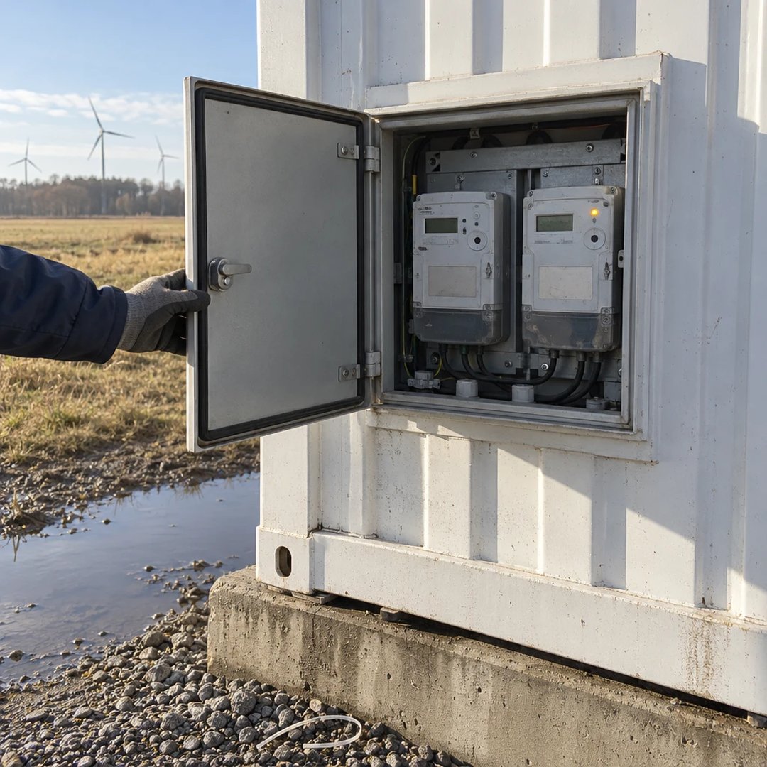 Techniker öffnet das Zählerfach eines Batteriespeicher-Containers in Brandenburg, darin zwei Stromzähler nebeneinander