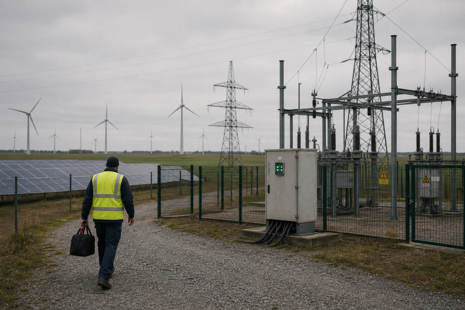 Netztechniker geht über einen Schotterweg zu einer eingezäunten Netzanschlussstation, dahinter Windräder und eine Photovoltaik-Freifläche unter grauem Himmel