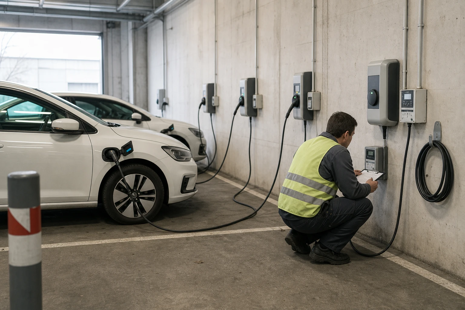 Fuhrparktechniker in Warnweste liest in einer Tiefgarage den separaten Stromzähler neben einer Wandladestation ab, daneben mehrere weiße Elektro-Dienstwagen an Ladekabeln