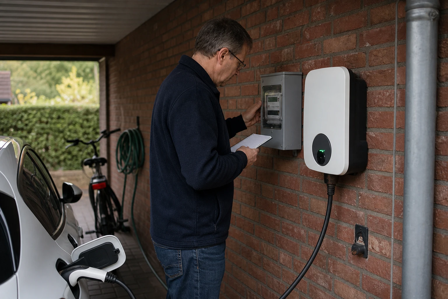 Person liest in einem privaten Carport den separaten Stromzähler neben einer Wandladestation ab, daneben ein angeschlossenes Elektroauto an einer Backsteinwand