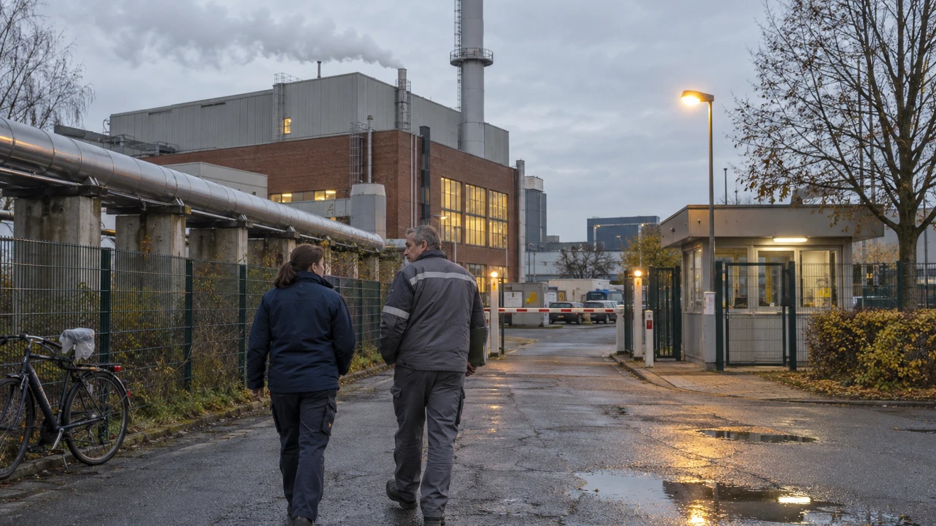 Zwei Schichtingenieure gehen am Nachmittag auf der Werksstraße eines städtischen Heizkraftwerks zum Pförtnerhaus