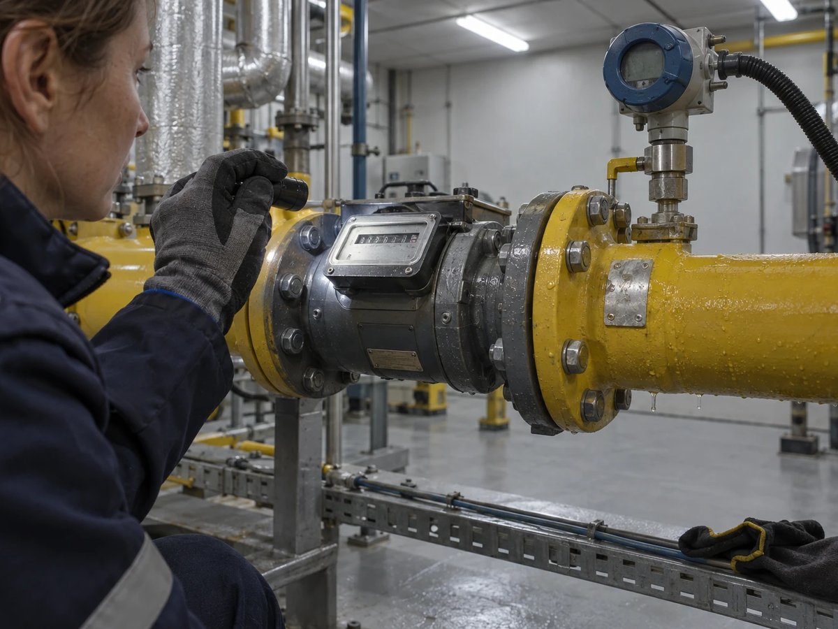 Messtechnikerin liest im Kesselhaus eines Heizwerks mit der Taschenlampe den Gaszähler an einer gelben Brennstoffleitung ab