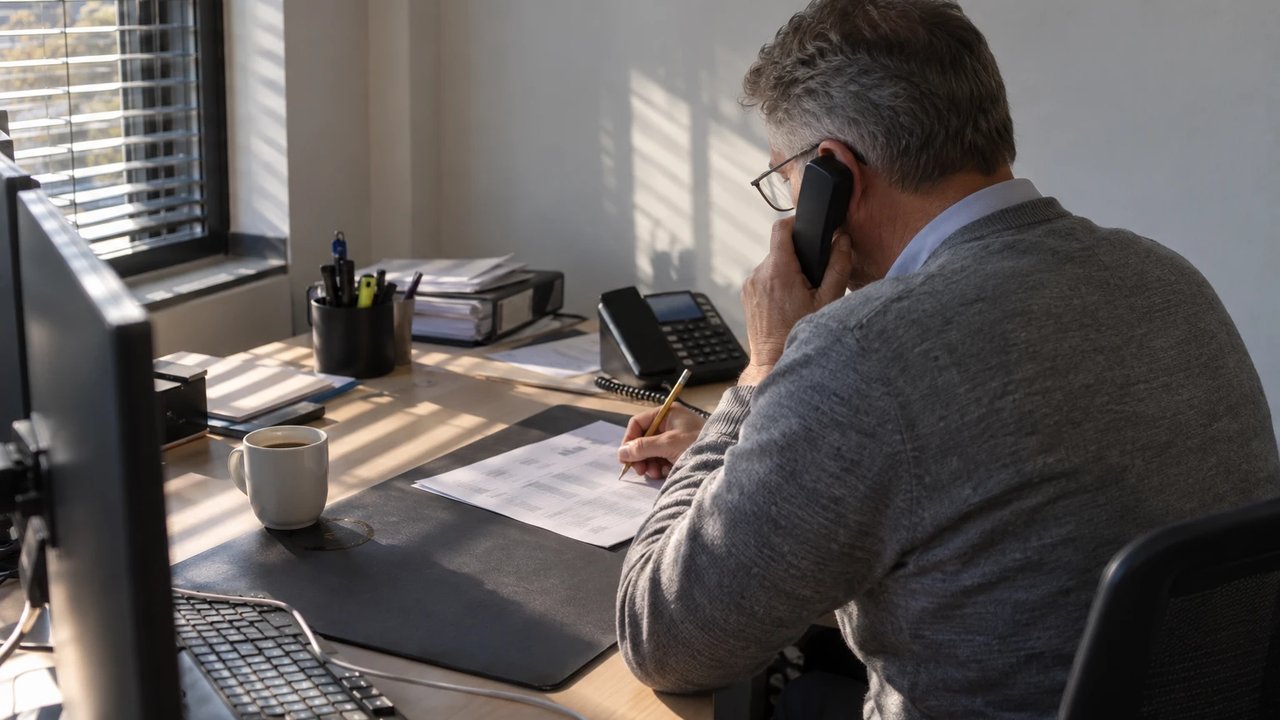 Portfoliomanager im Beschaffungsbüro eines Regionalversorgers telefoniert und notiert etwas auf einem ausgedruckten Positionsbericht