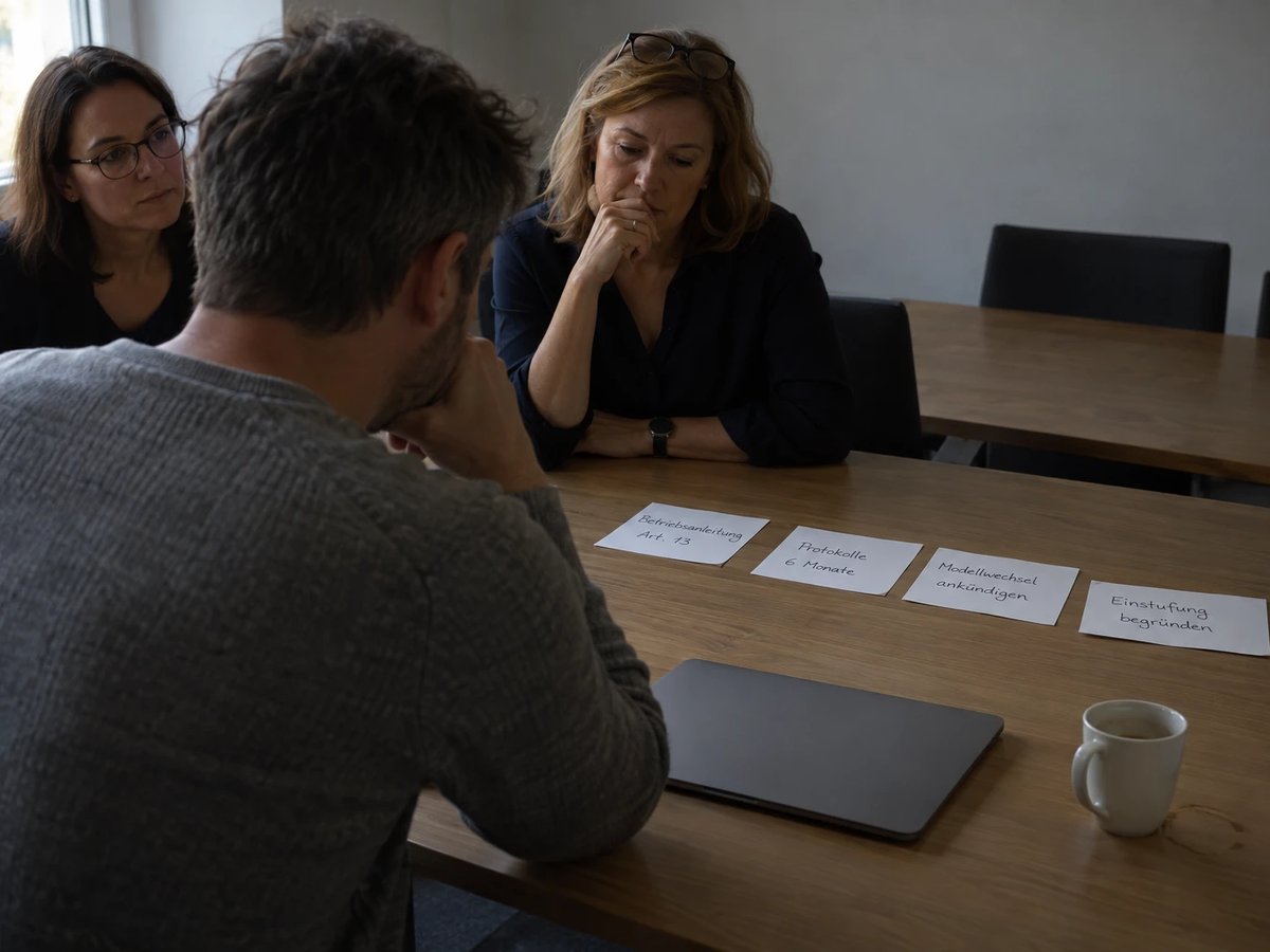 IT-Leiter, Einkäuferin und Datenschutzbeauftragte sitzen vor vier Karteikarten mit Anforderungen an einen KI-Anbieter