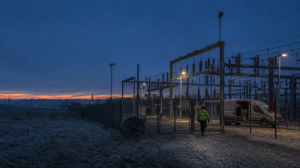 Umspannwerk am Ortsrand in der blauen Stunde