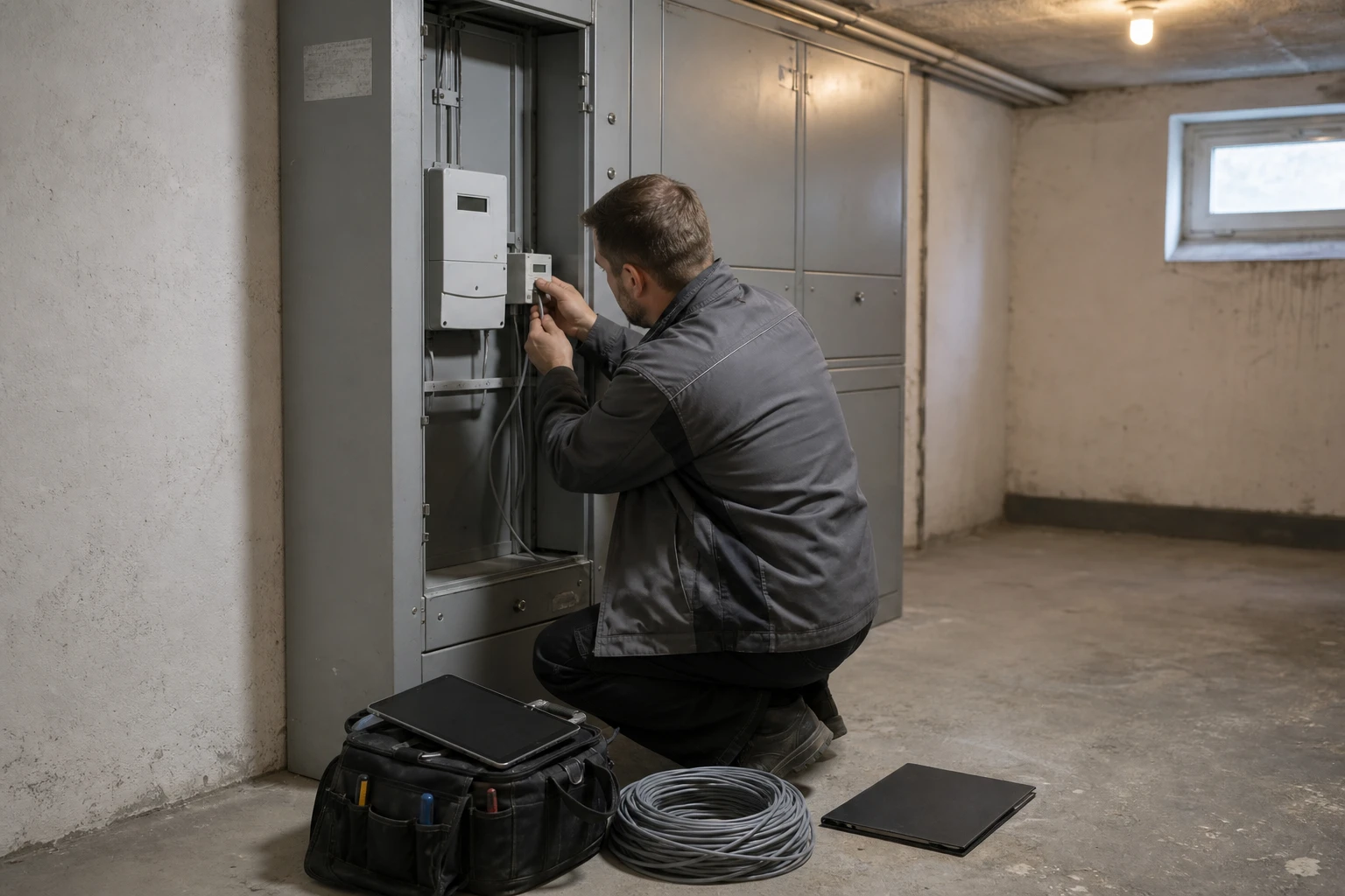Techniker in grauer Arbeitsjacke kniet in einem Hausanschlussraum vor einem geöffneten Zählerschrank mit digitalem Stromzähler und einem kleinen Kommunikationsmodul, ein Tablet liegt auf der Werkzeugtasche