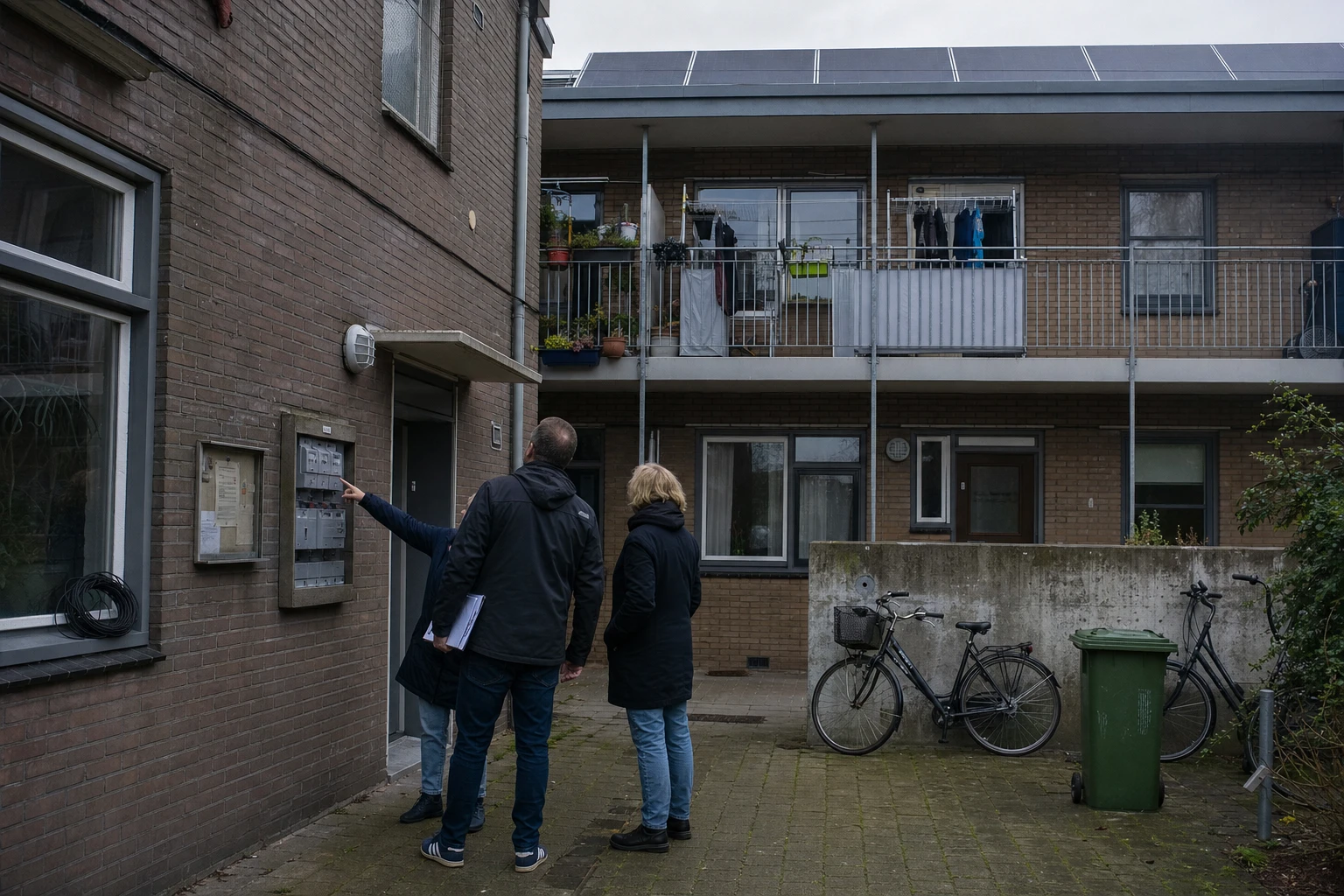 Innenhof eines Mehrfamilienhauses, zwei Bewohner blicken zur Solaranlage auf dem Flachdach, daneben ein grauer Zählerschrank in der Backsteinwand