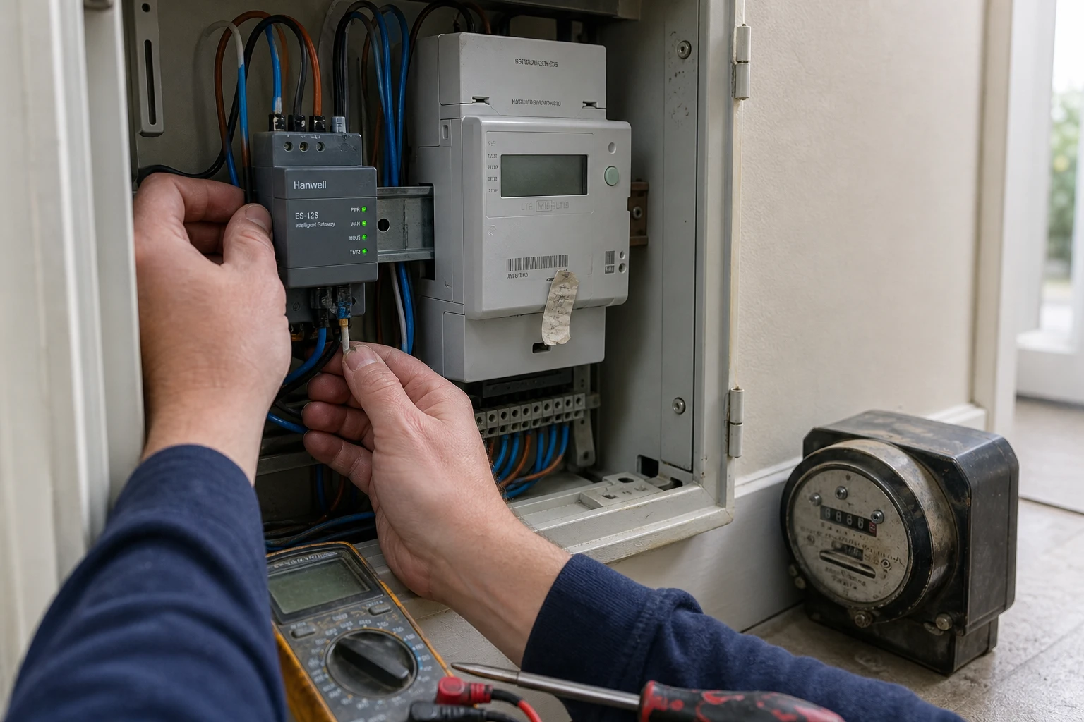 Hände eines Technikers installieren ein intelligentes Messsystem mit grauem Gateway und Smart Meter auf der Hutschiene im offenen Zählerschrank