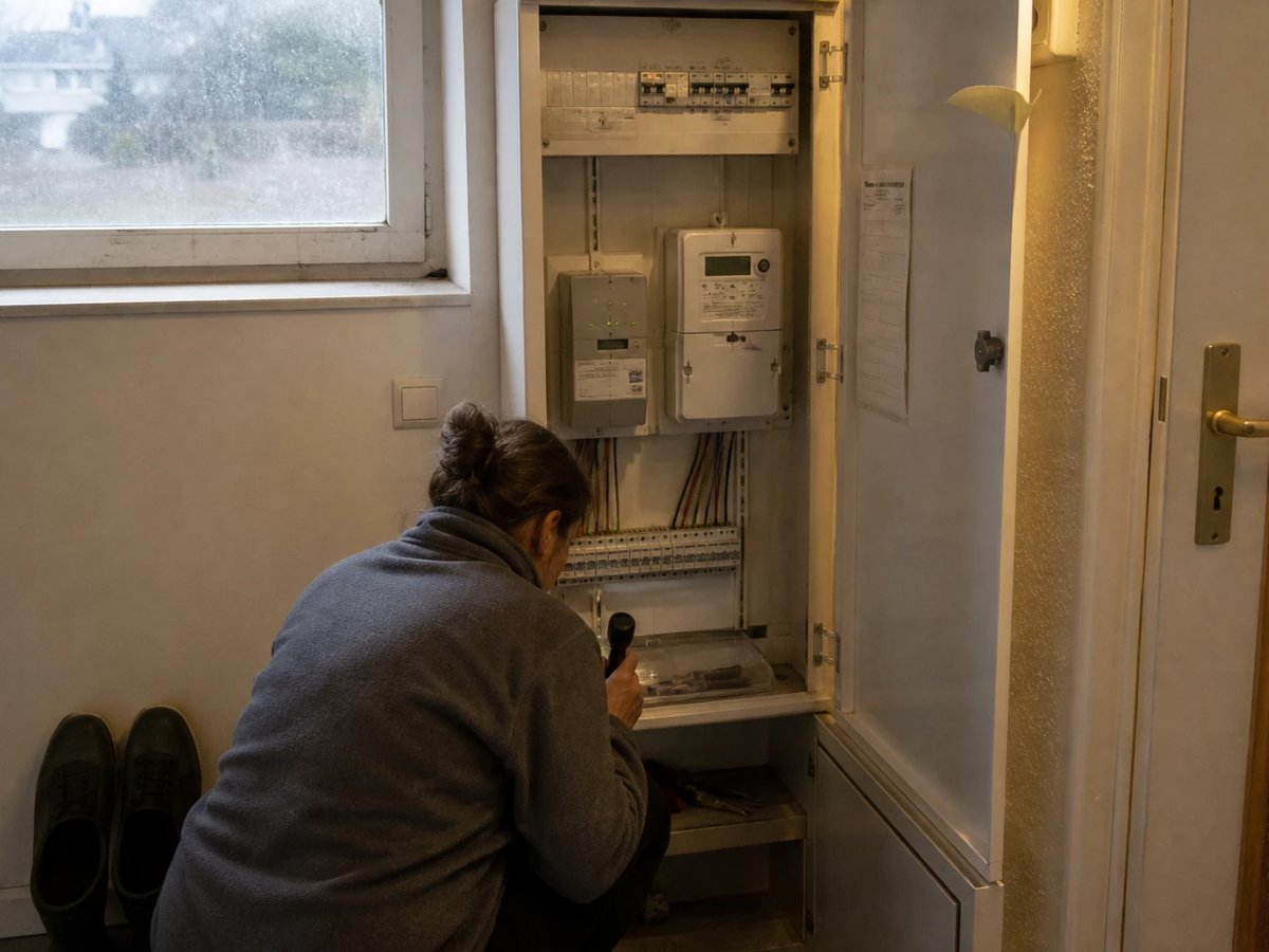 Geöffneter Zählerschrank im Hauswirtschaftsraum mit Smart-Meter-Gateway und moderner Messeinrichtung, eine Frau leuchtet mit einer Lampe hinein