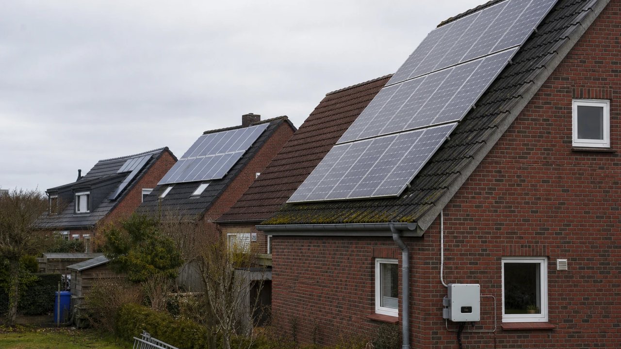 Reihe von Satteldächern am Dorfrand, auf einigen Häusern Solarmodule, an einer Giebelwand ein Wechselrichter neben dem Fallrohr