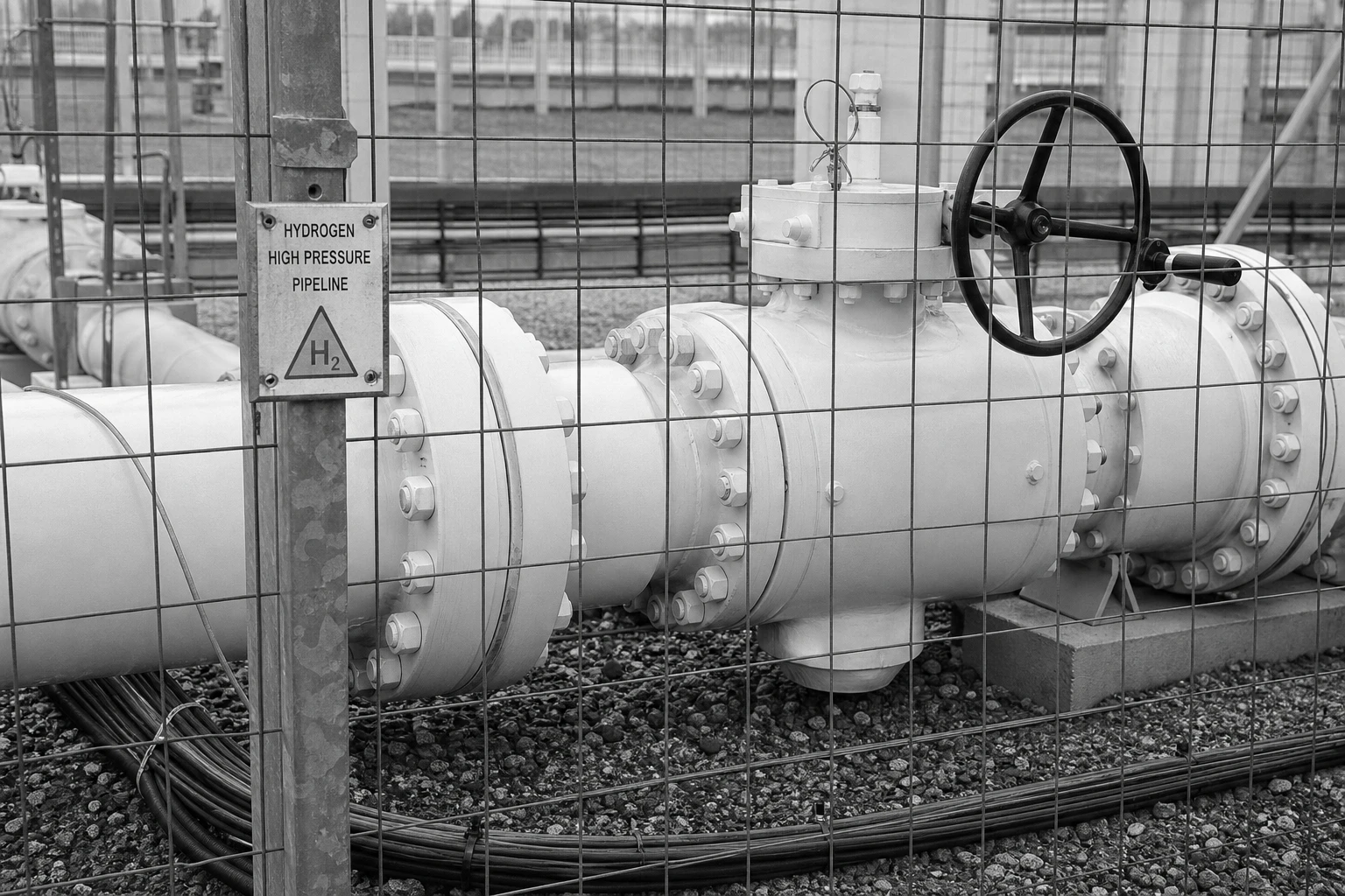 Abschnitt einer Wasserstoff-Pipeline an einer Uebergabestation mit lackierten Stahlrohren, Flanschen und Handventilrad hinter einem Maschendrahtzaun