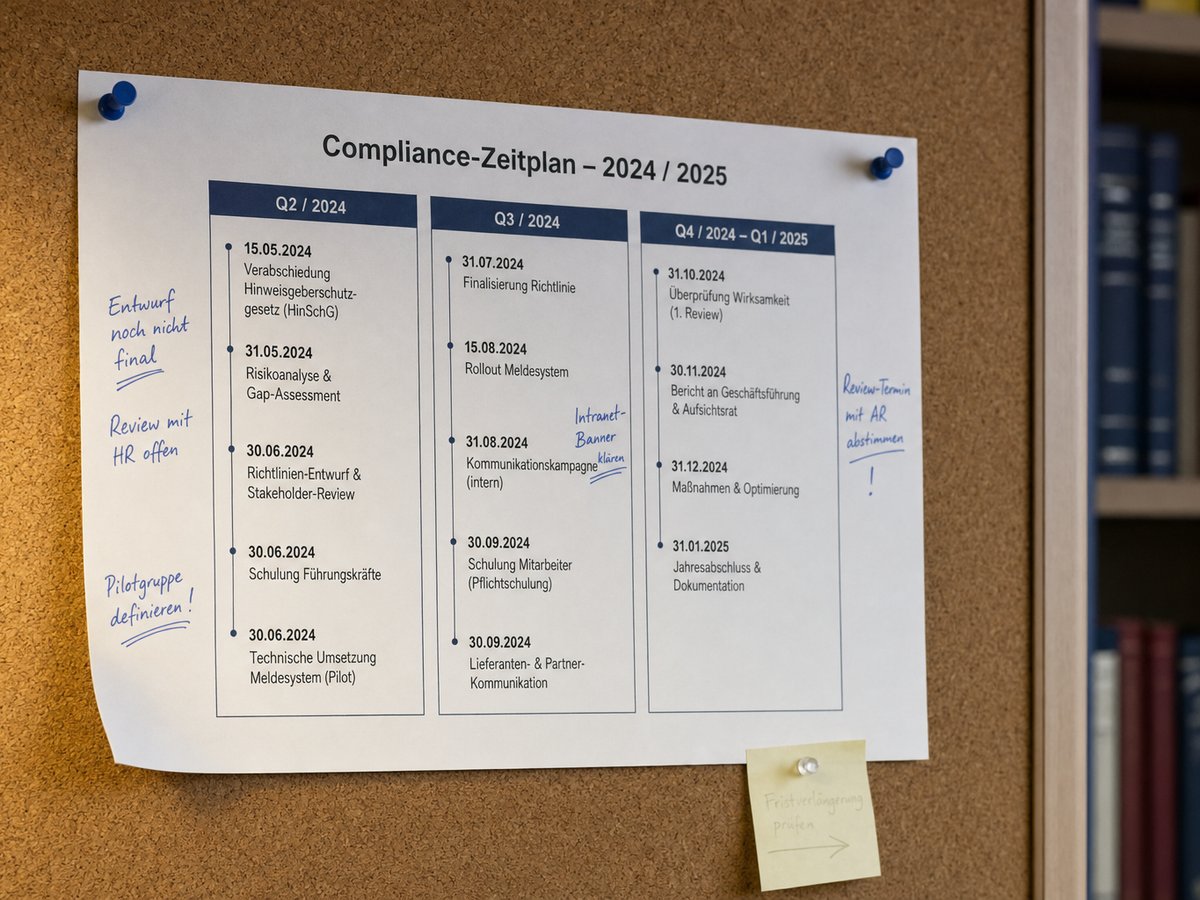 Compliance-Timeline für den EU AI Act auf einer Korkwand in einem deutschen Anwaltsbüro mit handschriftlichen Anmerkungen