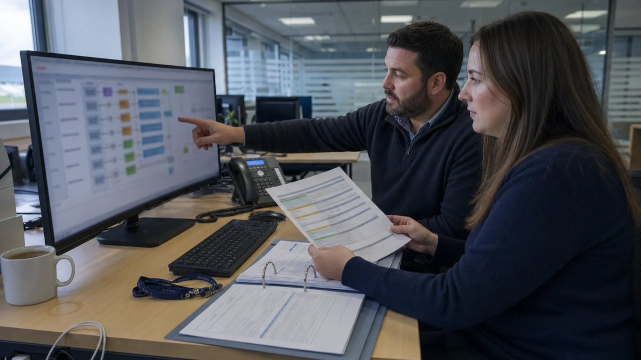 Zwei Beschäftigte im Backoffice eines Energieversorgers besprechen an einem Monitor einen Abrechnungsablauf, daneben ein ausgedrucktes Prozessblatt.