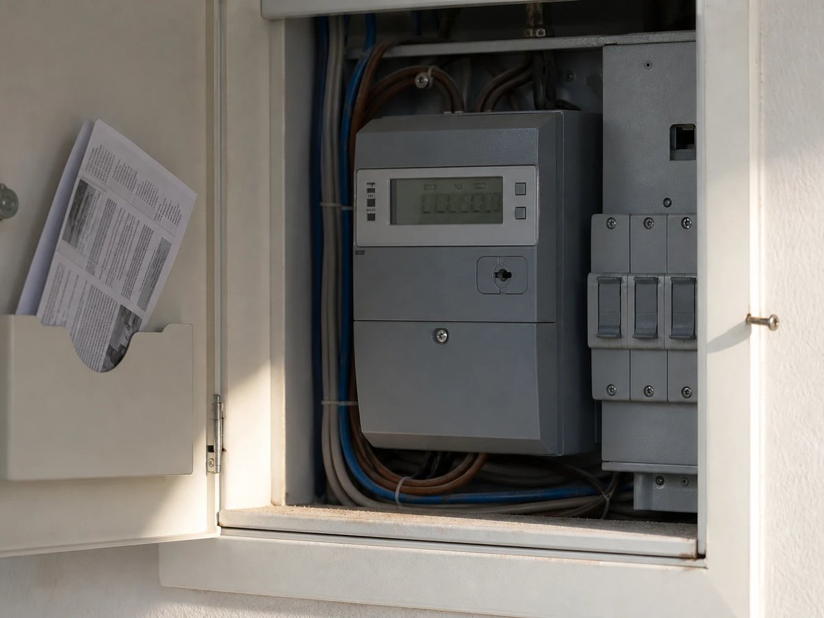 Ein neu installierter grauer digitaler Stromzähler in einem geöffneten Zählerschrank an einer weißen Wand, daneben gebündelte Kabel und Sicherungen.