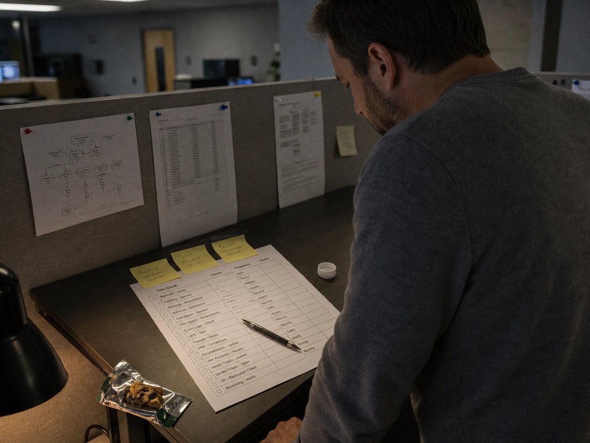 IT-Manager vor zwei Monitoren mit einer Checkliste auf Papier, auf der Cloud-Anbieter und Compliance-Anforderungen notiert sind