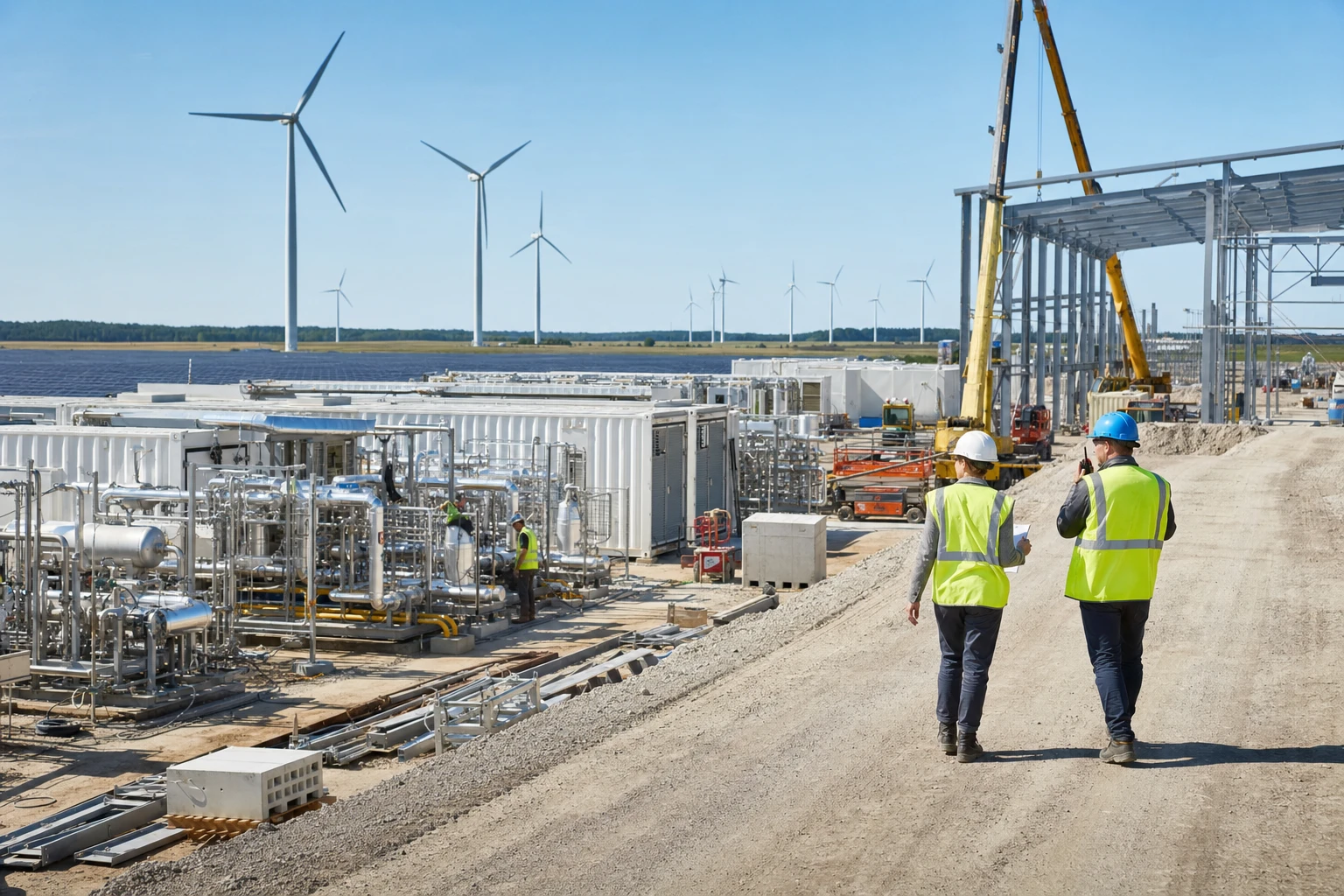 Elektrolyseanlage im Bau in einem europäischen Industriegebiet, Windpark und Solarfeld am Horizont.