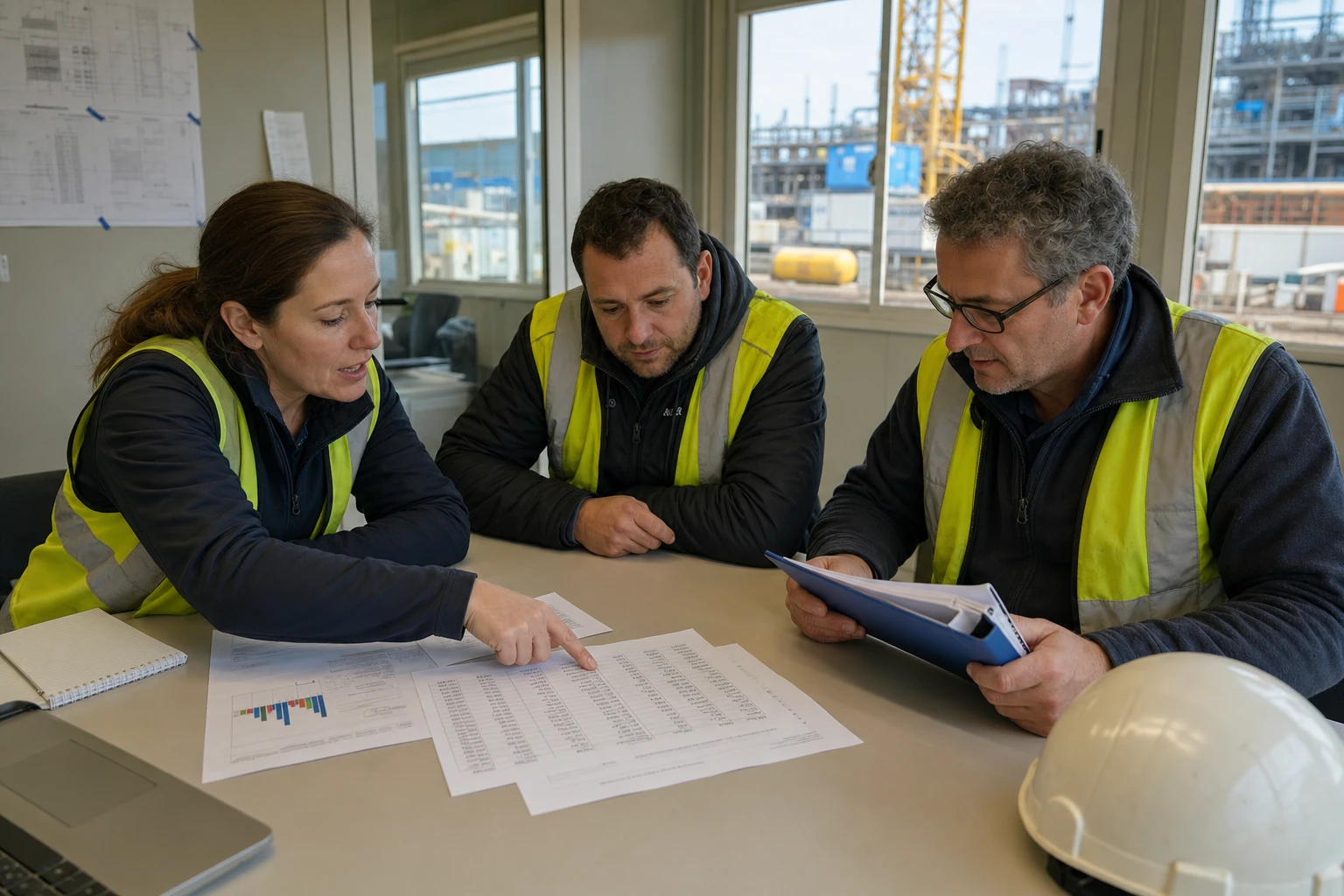 Projektteam prüft ein Auktionsgebot am Standortbüro, Topic und Gebotshöhe entscheiden über den Zuschlag.