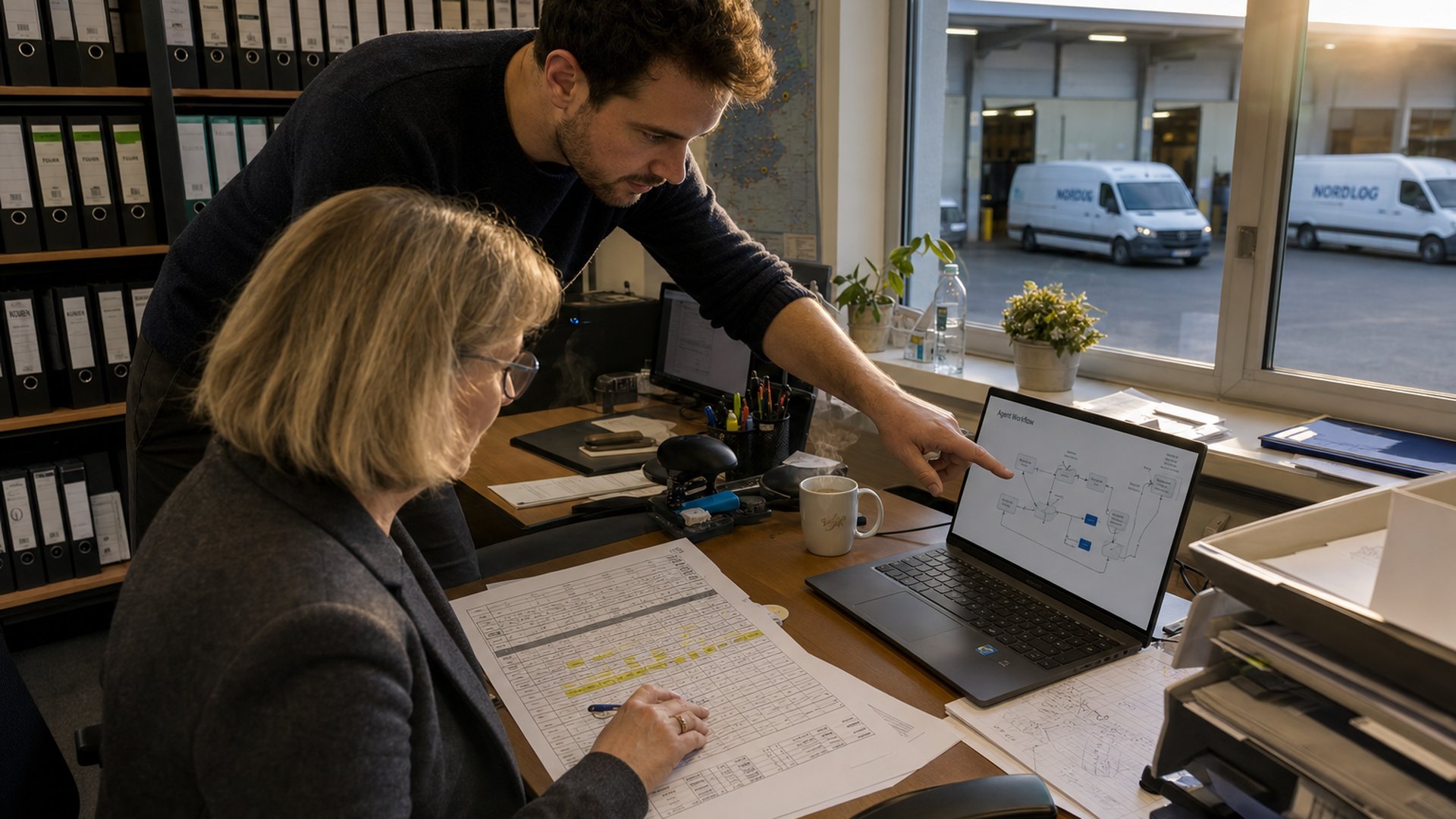 Forward Deployed Engineer arbeitet in einem deutschen Logistikbetrieb in Bremen am Laptop einer Operations-Managerin und bespricht einen Agenten-Workflow