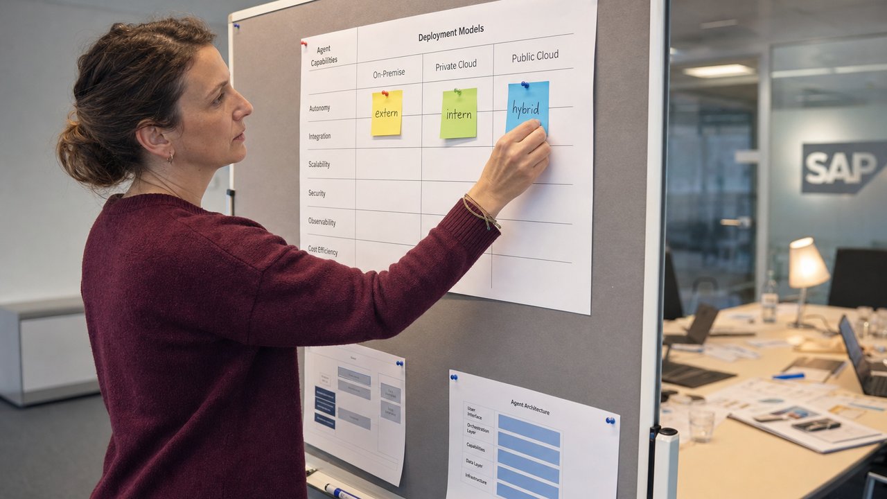 Projektleiterin in Walldorf markiert an einer Pinwand drei Sticky-Notes für externe, interne und hybride FDE-Pfade in einer Agenten-Capability-Matrix