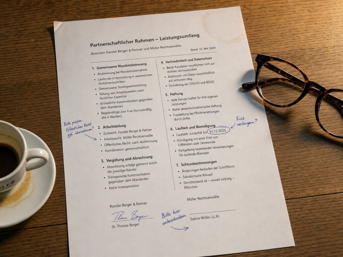 Partnerschaftsdokument mit handschriftlichen Anmerkungen zu Vertragsbedingungen für einen Forward-Deployed-Engineering-Einsatz in einer deutschen Anwaltskanzlei