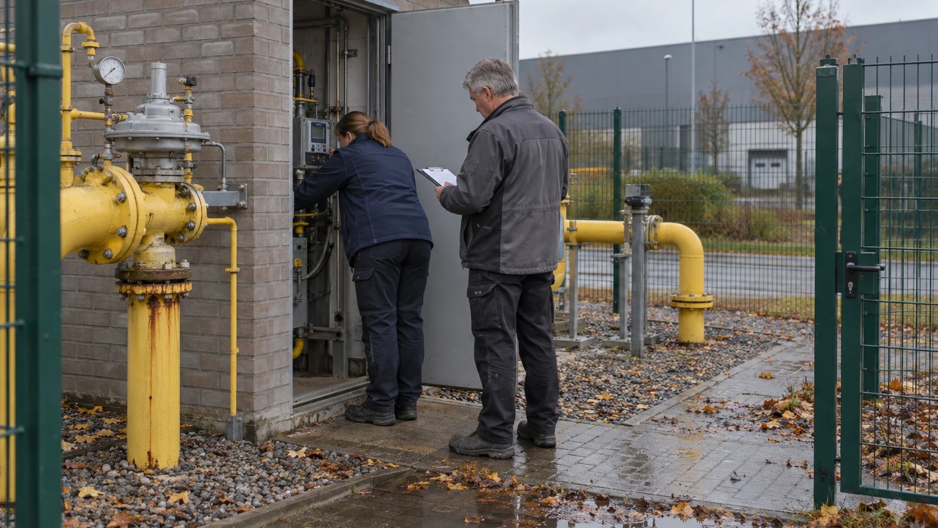 Zwei Netztechniker an der offenen Tür einer Gasdruckregel- und Messanlage hinter einem Zaun, einer liest den Mengenumwerter ab