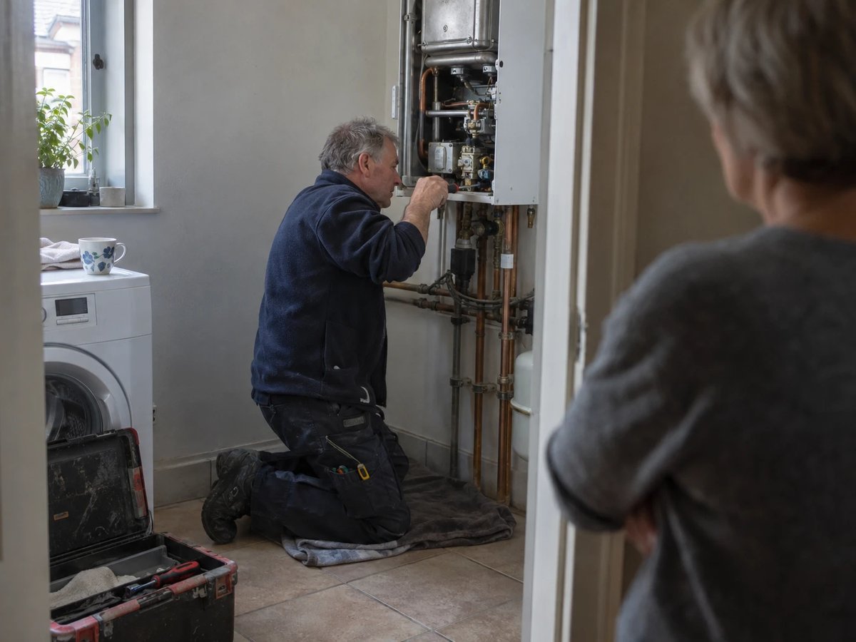 Monteur stellt in einem Reihenhaus-Hauswirtschaftsraum eine Gastherme auf H-Gas um, die Bewohnerin wartet in der Tür