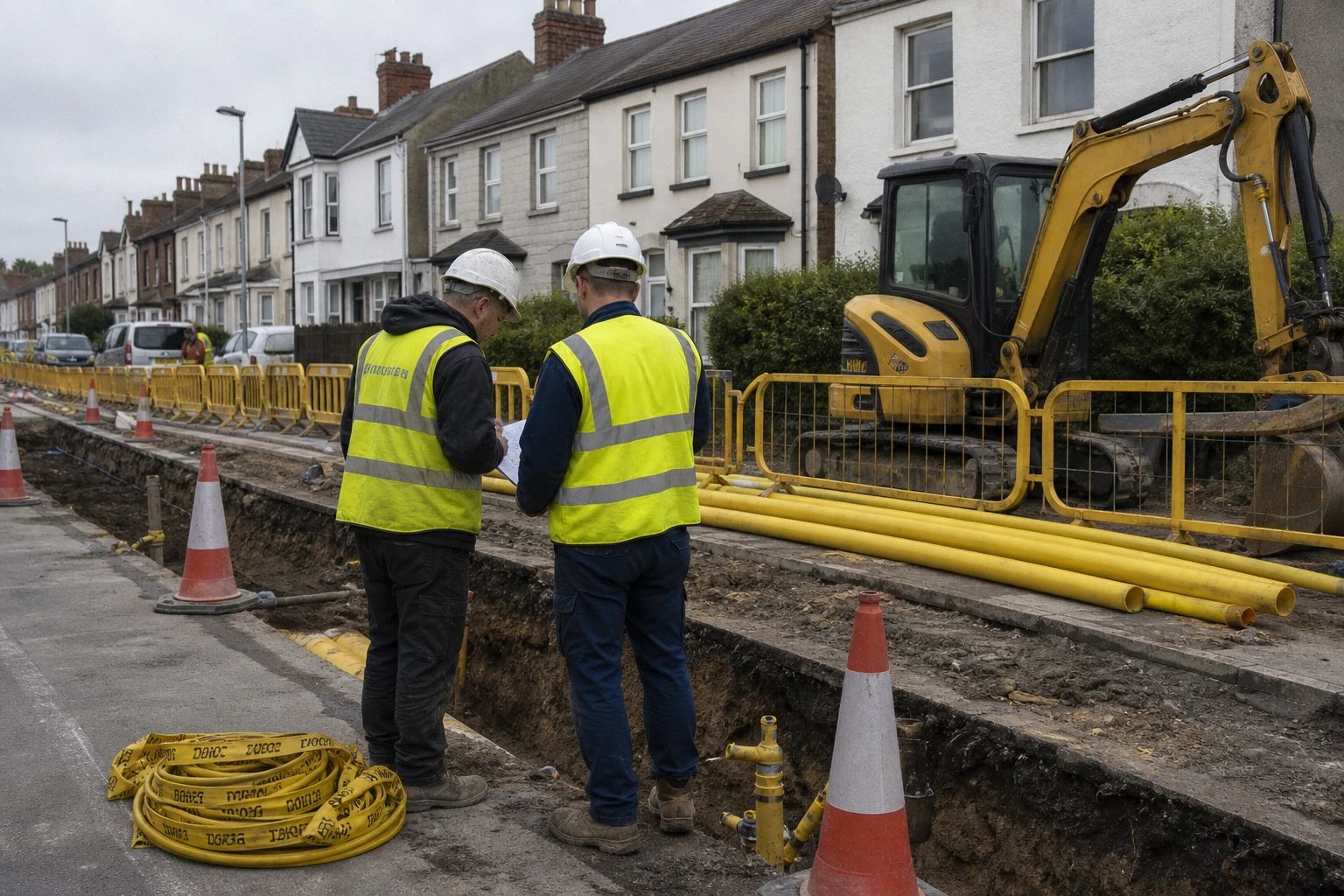 Gasleitungs-Baustelle in einer Wohnstrasse mit offenem Graben, gelben Gasrohren und Bautrupp in Warnwesten