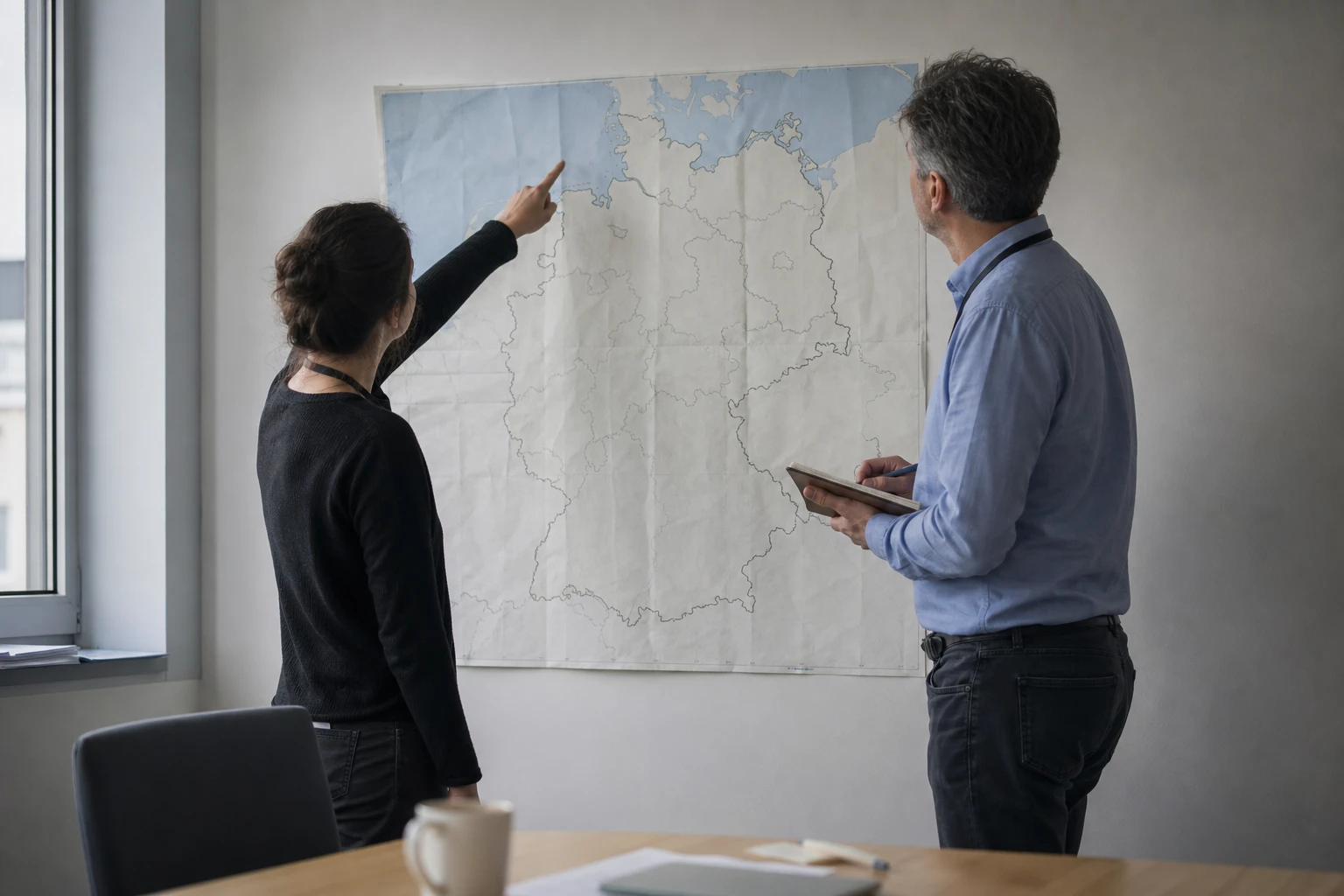 Zwei Kolleginnen und Kollegen stehen vor einer großen Papierkarte Deutschlands und besprechen die regionale Standortwahl