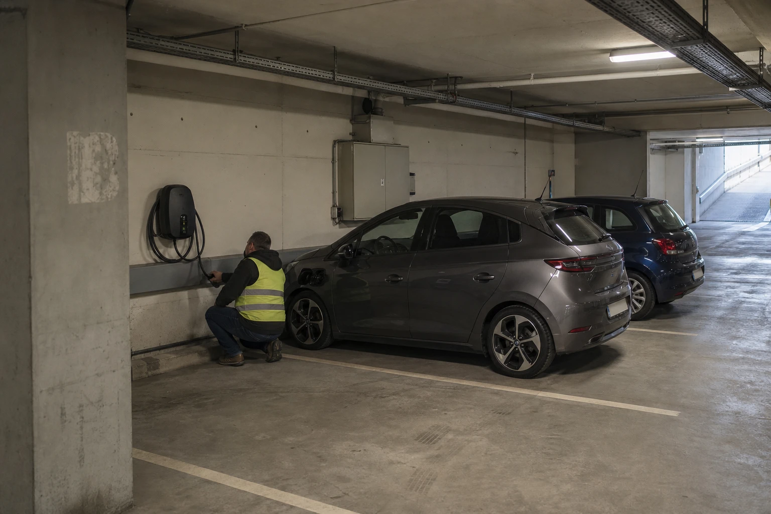 Facility-Techniker in Warnweste kniet in einer Tiefgarage vor einer wandmontierten Ladestation neben einem grauen Kabelkanal, daneben zwei geparkte Autos