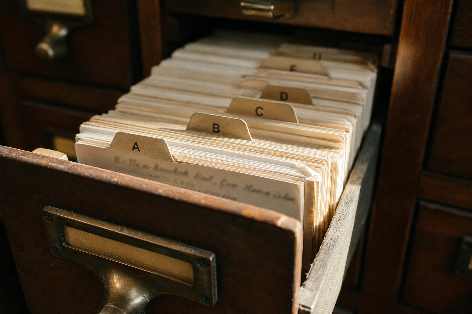 Geöffnete Zettelkasten-Schublade mit alphabetischen A-bis-Z-Registern und Karteikarten