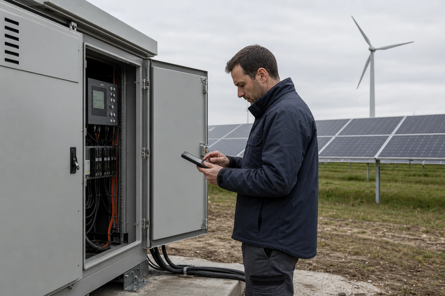 Techniker mit Tablet an einem offenen grauen Netzanschluss- und Zählerschrank an einer Erneuerbaren-Anlage, Solarmodule und eine Windkraftanlage im Hintergrund