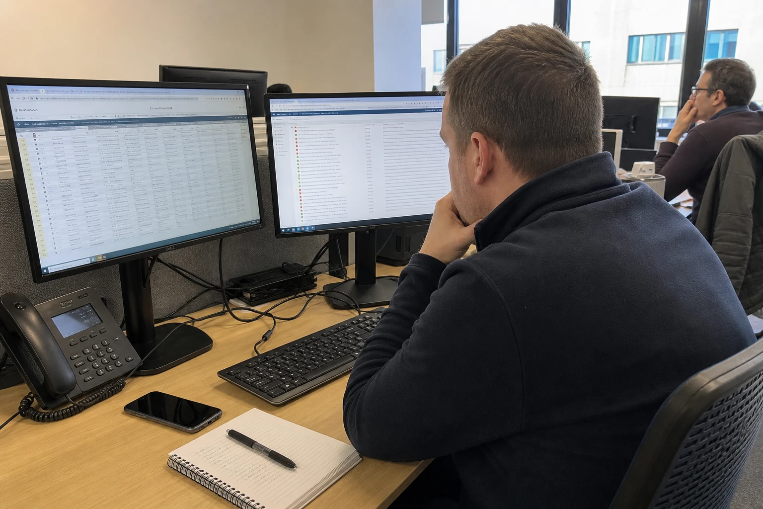 Mitarbeiter im Backoffice an zwei Monitoren mit Tabellen und Prozesslisten bei der Marktkommunikation