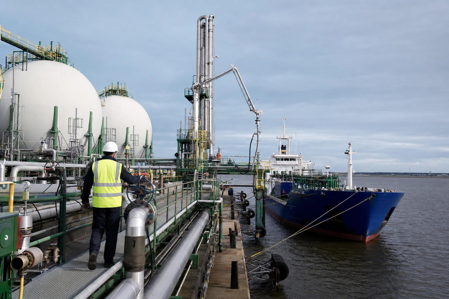 Ammoniak-Importterminal an der Nordseeküste mit Kugeltanks und einem entladenden Gastanker.