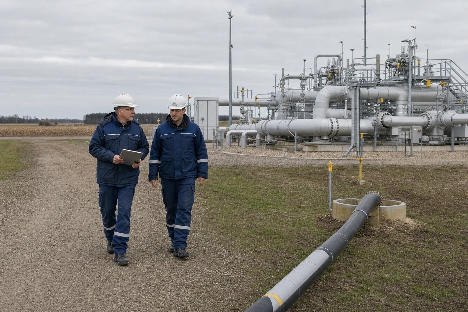 zwei Ingenieure an einer Wasserstoff-Verdichterstation des Kernnetzes