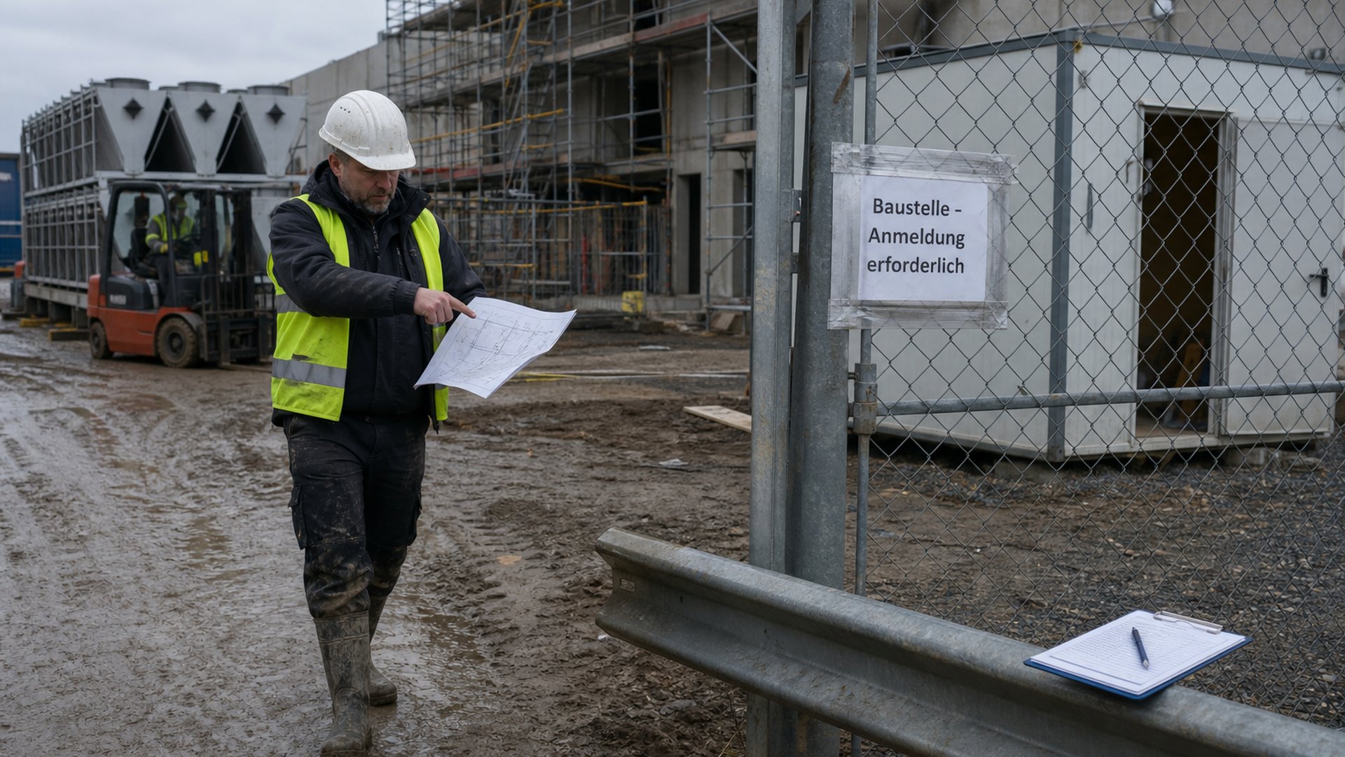 Bauleiter mit Helm und gelber Warnweste am Zaun einer Rechenzentrums-Baustelle in Norddeutschland, dokumentarische Szene unter flachem Licht